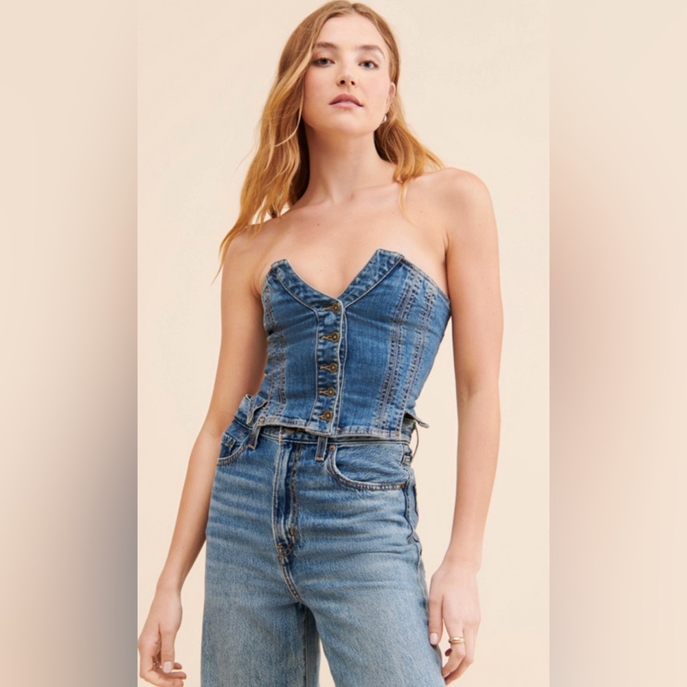Free People Denim Corset Top in Medium Blue